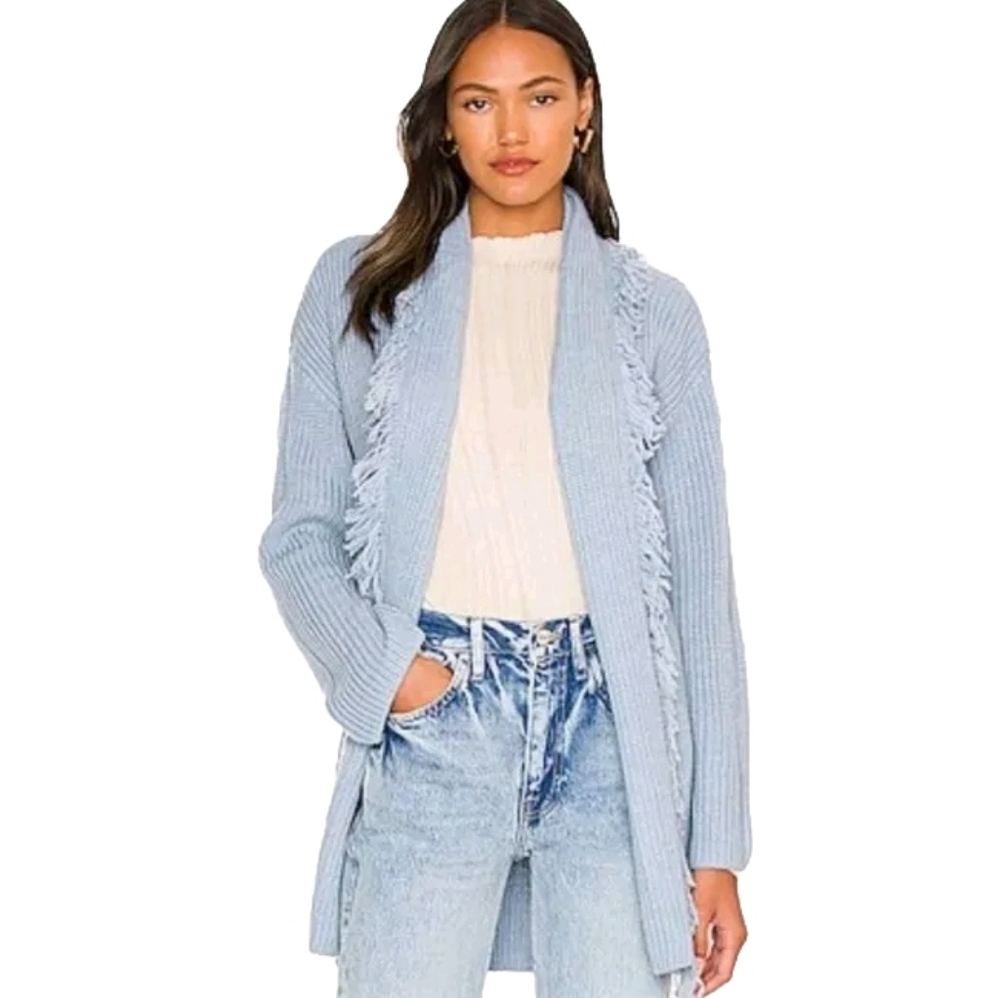 One Grey Day Gerri Wrap Cardigan in Blue Jean with Frindge size Small